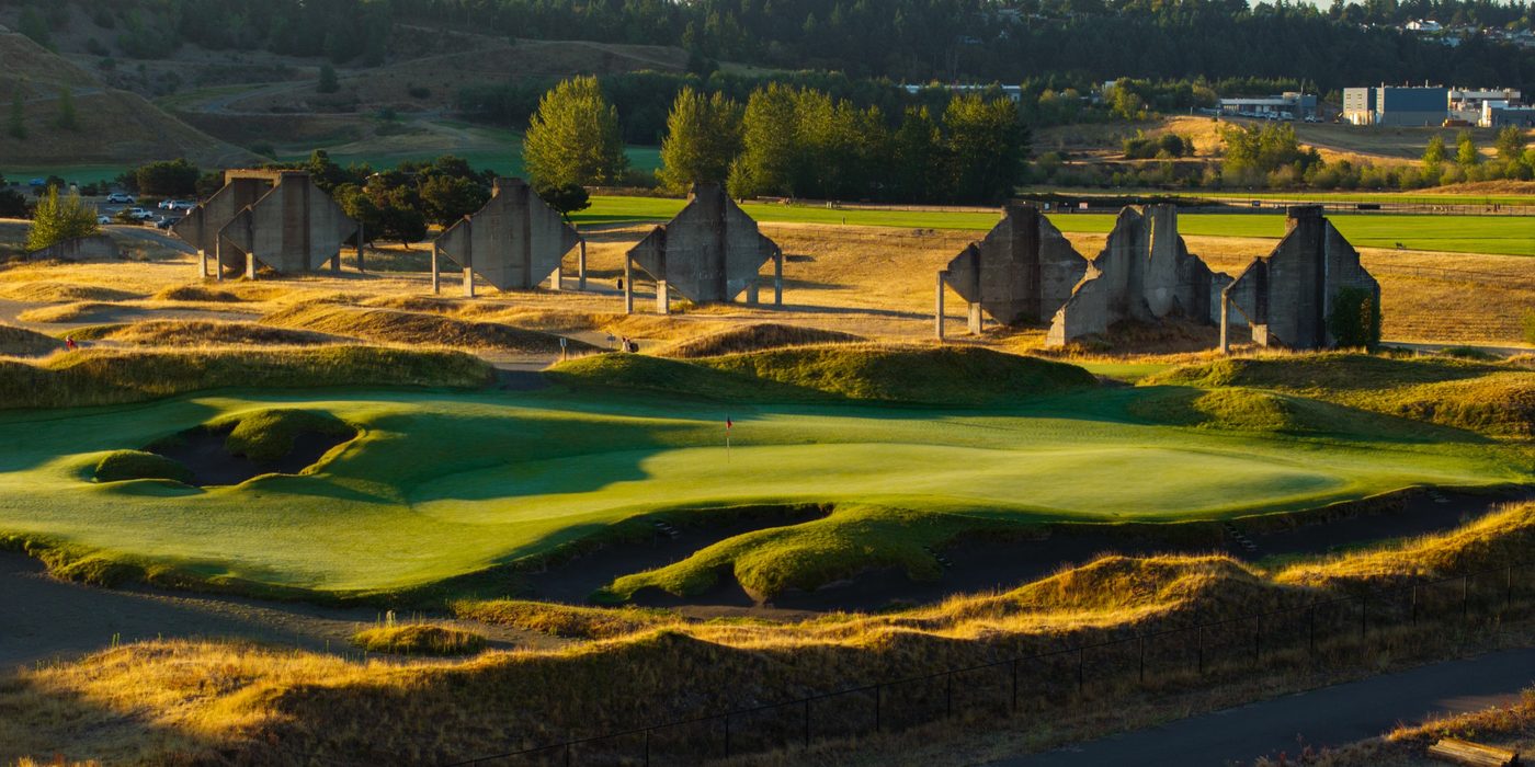 The concrete ruins and links greens of Chambers Bay at sunrise