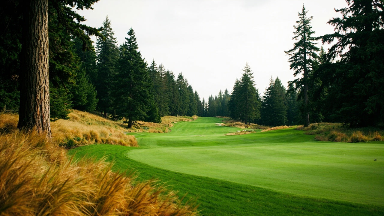 A tree-lined parkland fairway edged with fescue under overcast Pacific Northwest skies
