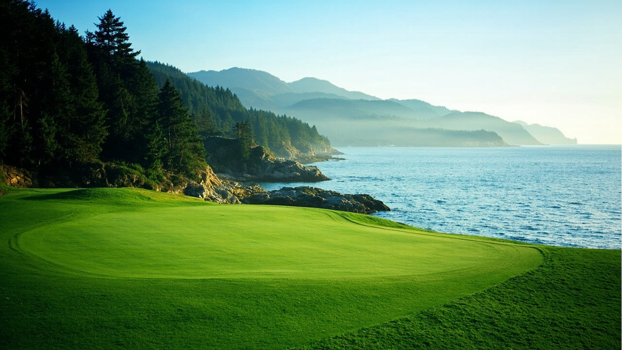 A coastal golf green beside the Pacific ocean on Vancouver Island with forested hills behind