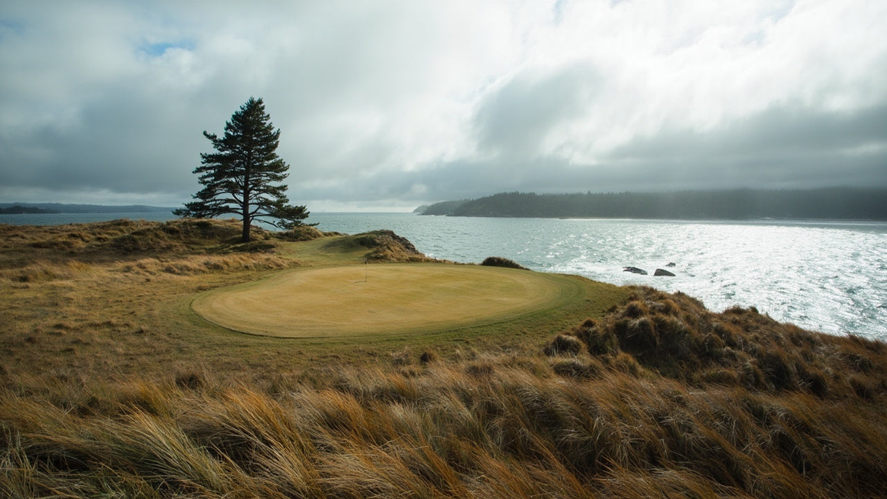 A windswept links green on a bluff above Puget Sound with a lone pine tree