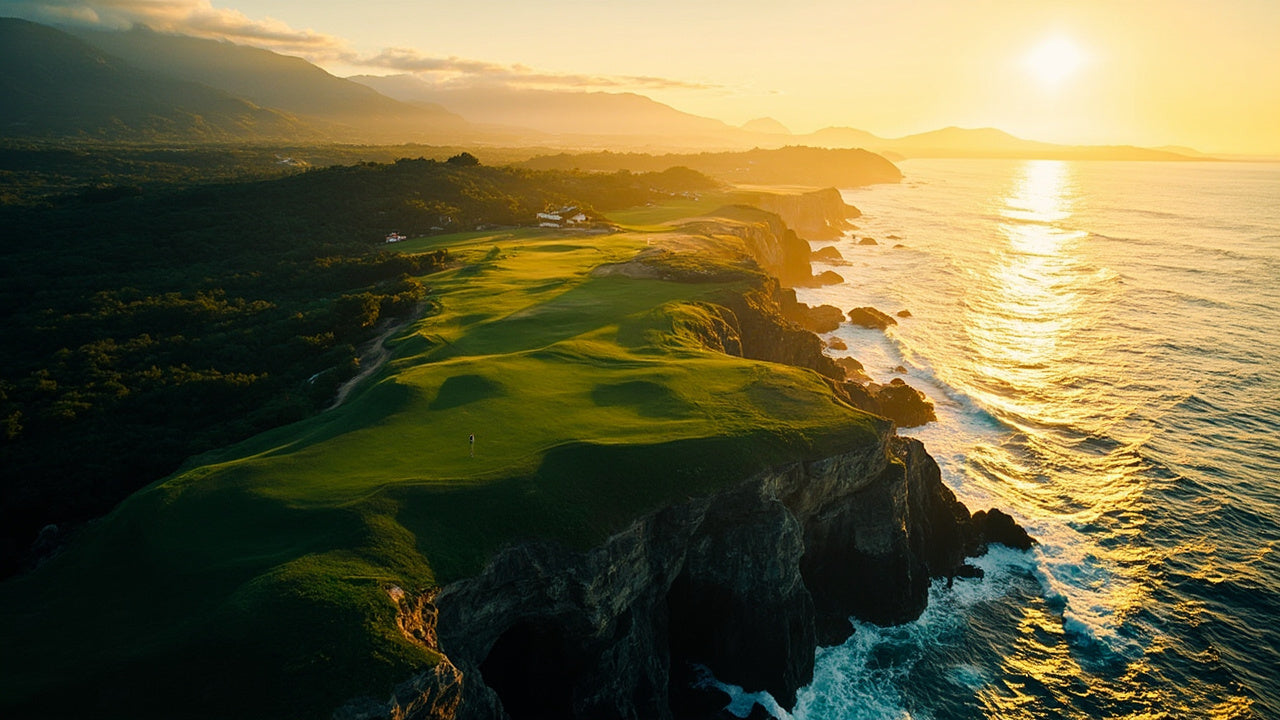 A clifftop golf course on a dramatic ocean coastline at golden hour