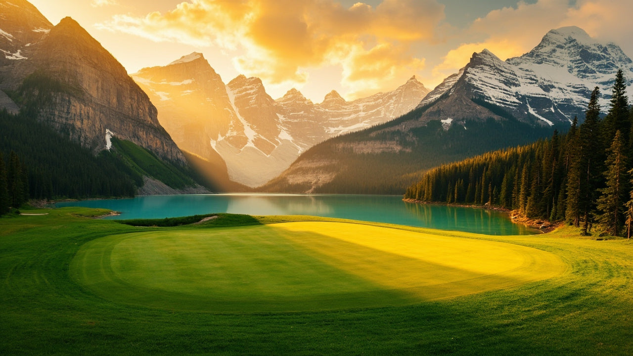 A golf green beside a turquoise glacial lake below snow-capped Rocky Mountain peaks at golden hour