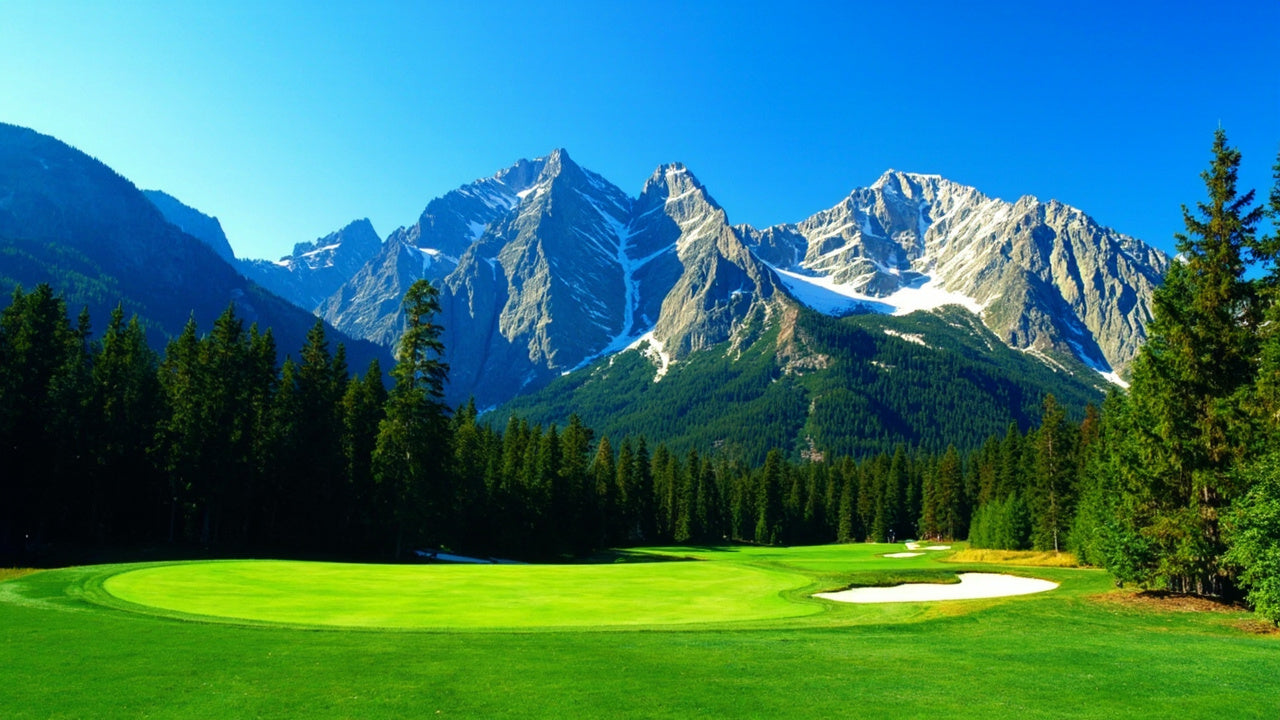 Mountain golf green and bunkers below snow-capped Rocky Mountain peaks in the BC Kootenays
