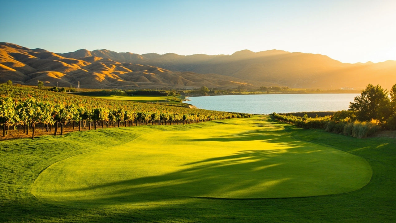 A golf fairway among Okanagan vineyards with a lake and dry hills behind