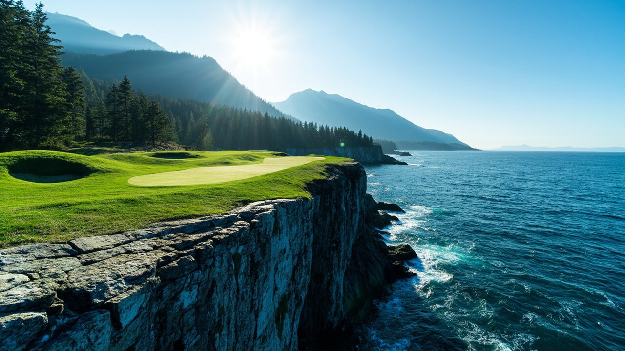 Clifftop oceanfront golf green above a deep blue ocean inlet on the Sea to Sky corridor near Vancouver